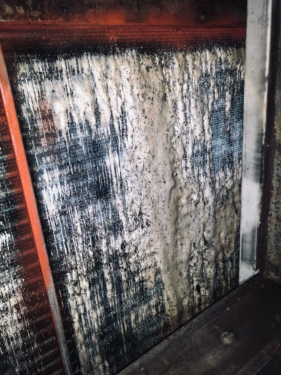 Technician performing fan coil unit service with chemical coil cleaning in commercial building