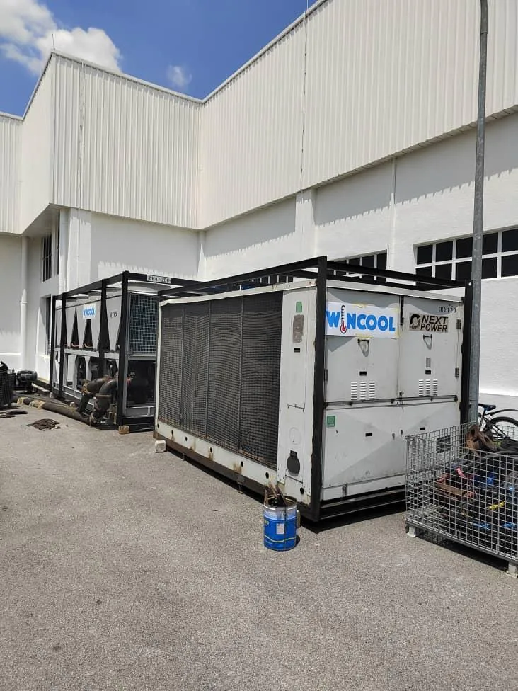 Temporary industrial chiller rental in Penang connected to existing HVAC system for emergency cooling